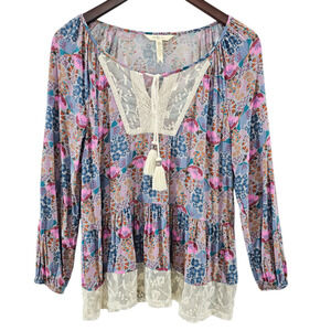 Matilda Jane Blouse Womens Size XS Blue Floral Boho Oversized Lace Tunic Top